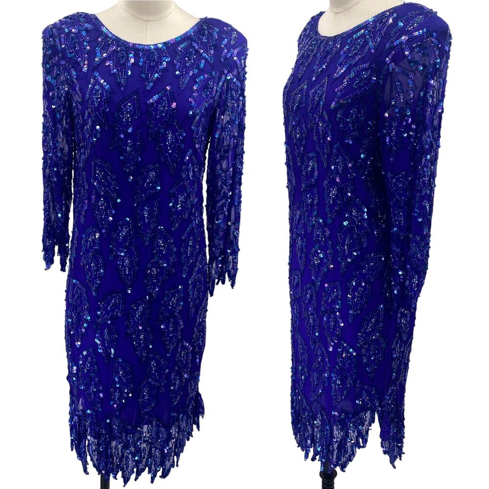 Vintage 80s Scala Beaded Silk Dress Fringed Boat Neck Midi Indigo Womens Small